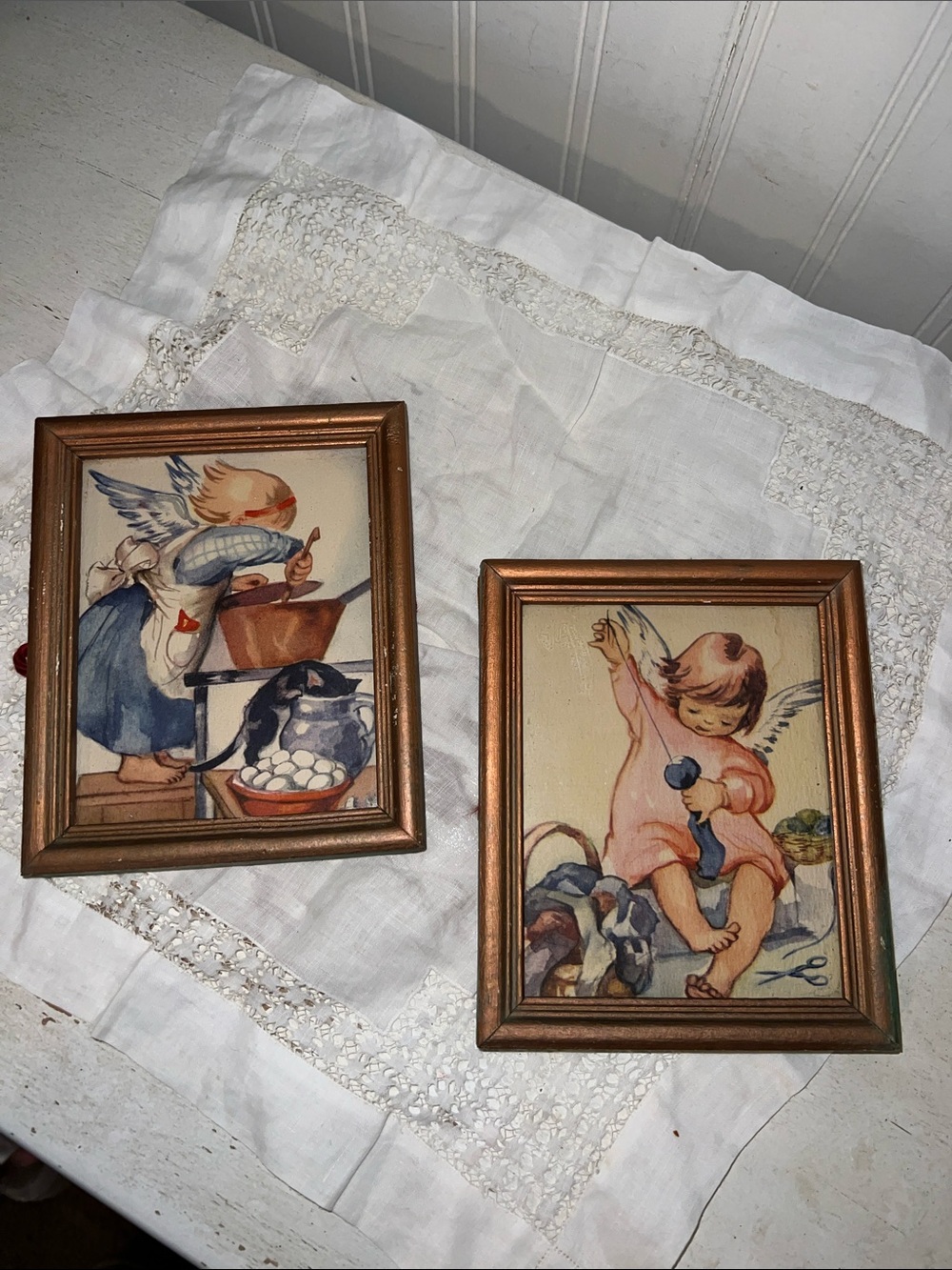 2 1940s Antique framed Litho print girl Angels 5” x 6”